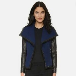 Vince Lamb Leather Navy Boucle Wool Open Front Jacket SZ 4